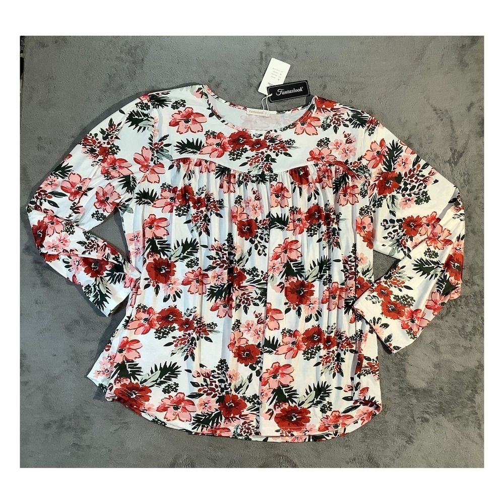 Fantaslook Women's Plus Size 5XL Floral Tunic Blouse Long Sleeve Pleated NWT Red
